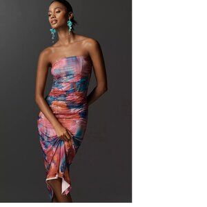By Anthropologie The Soleil Slim Strapless Ruched Mesh Dress new with tag size S